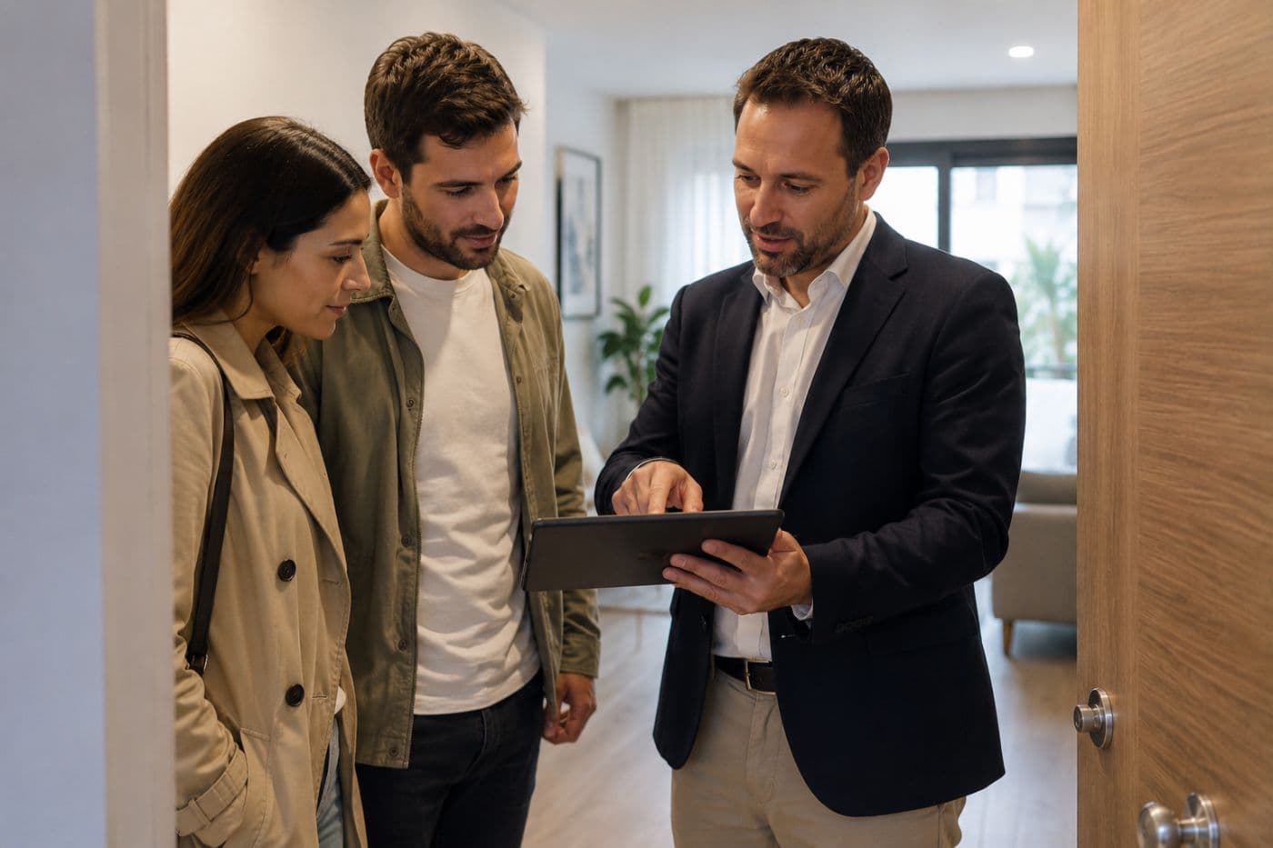 Asesor inmobiliario mostrando una hoja de visitas digital antes de entrar en una vivienda