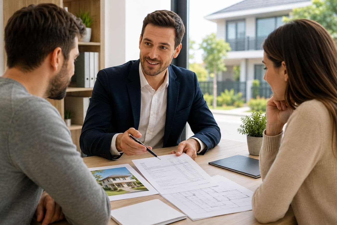 Asesor inmobiliario explicando impuestos de compra de vivienda a una pareja