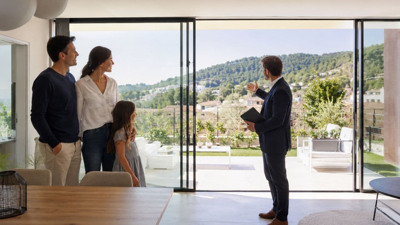 Familia visitando una vivienda luminosa con terraza junto a un asesor inmobiliario en el Garraf