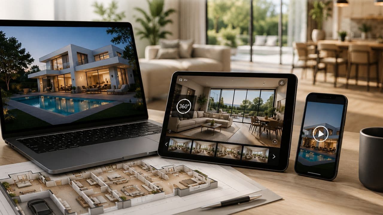 Anuncio inmobiliario profesional mostrado en una pantalla con fotografías, vídeo, plano y tour virtual